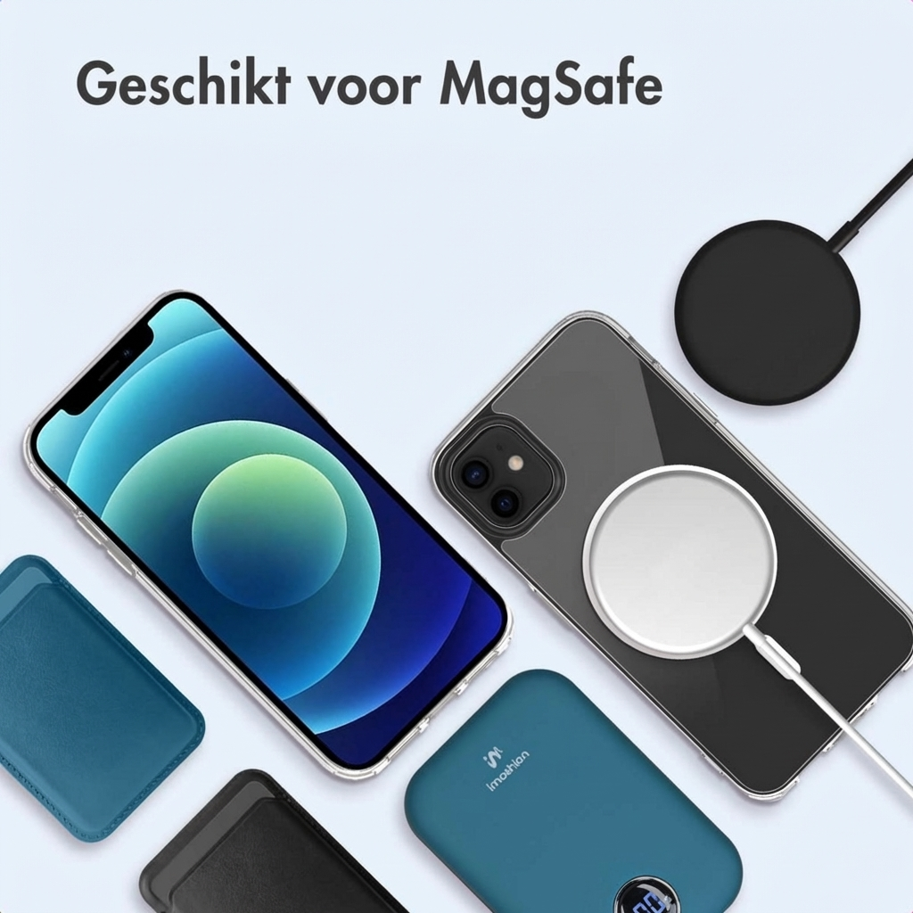iPhone avec chargeur MagSafe, batterie externe et porte-cartes