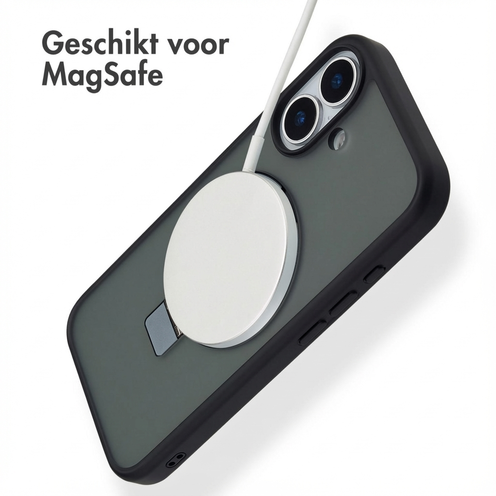 Un iPhone noir avec un chargeur MagSafe attaché à son dos.