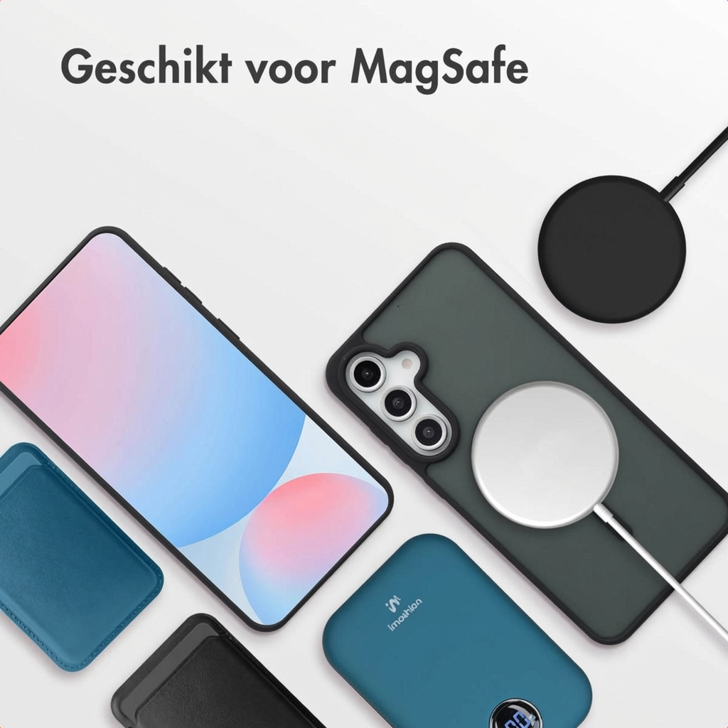 Een smartphone met MagSafe-accessoires, oplaadhoes en powerbank.