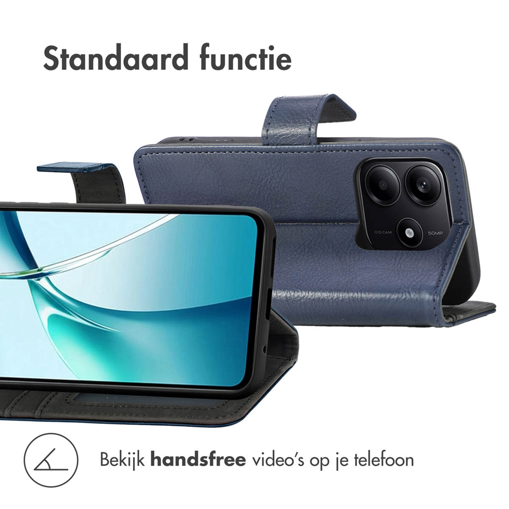 Een blauwe telefoon flipcase in standaardmodus met cameramodule.