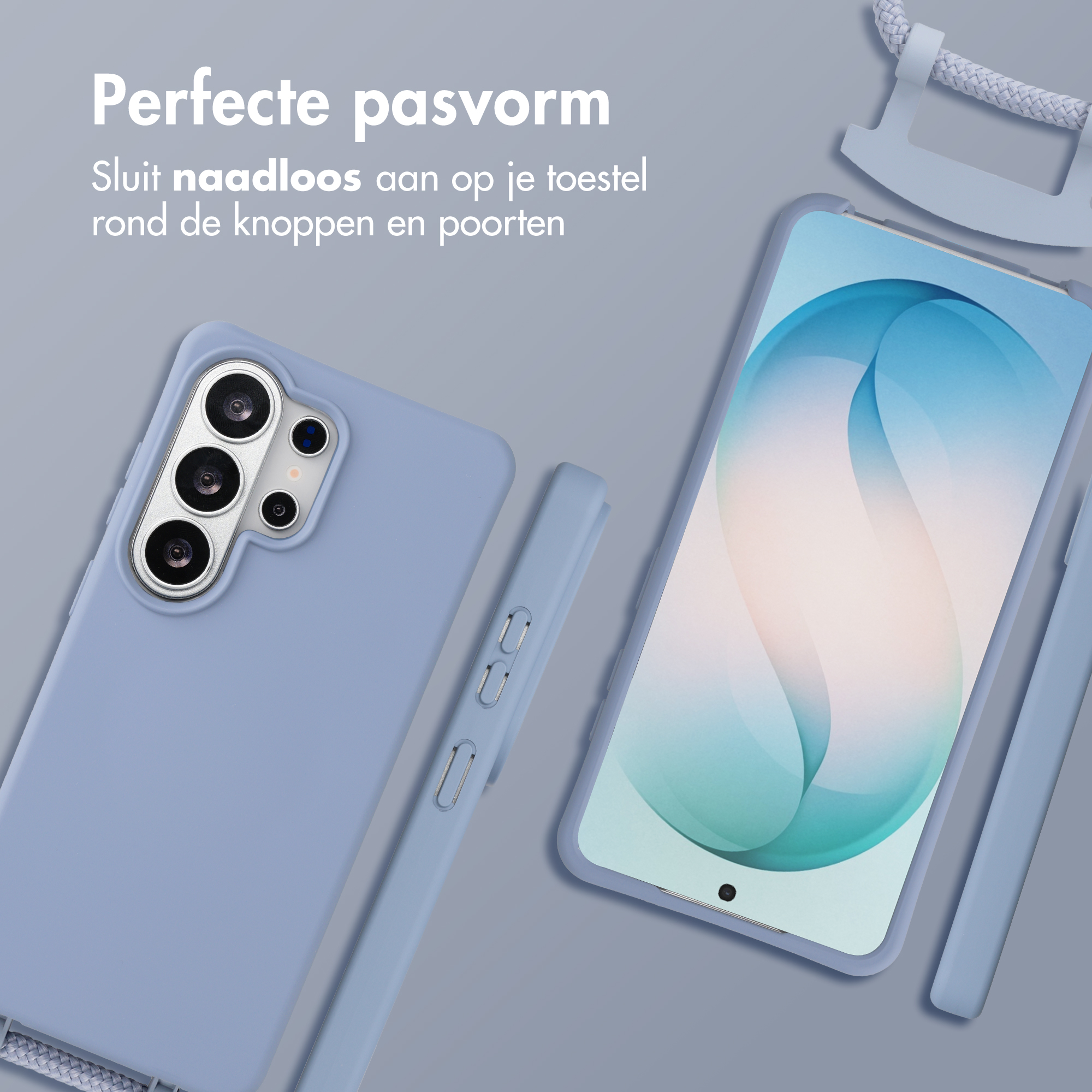 Een blauwe telefoon met bijpassende hoes en koord.