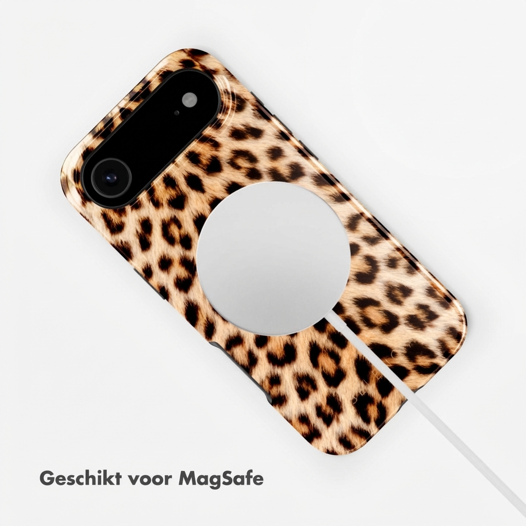 Leopardprint telefoonhoes met MagSafe cirkel en camera-uitsparing.