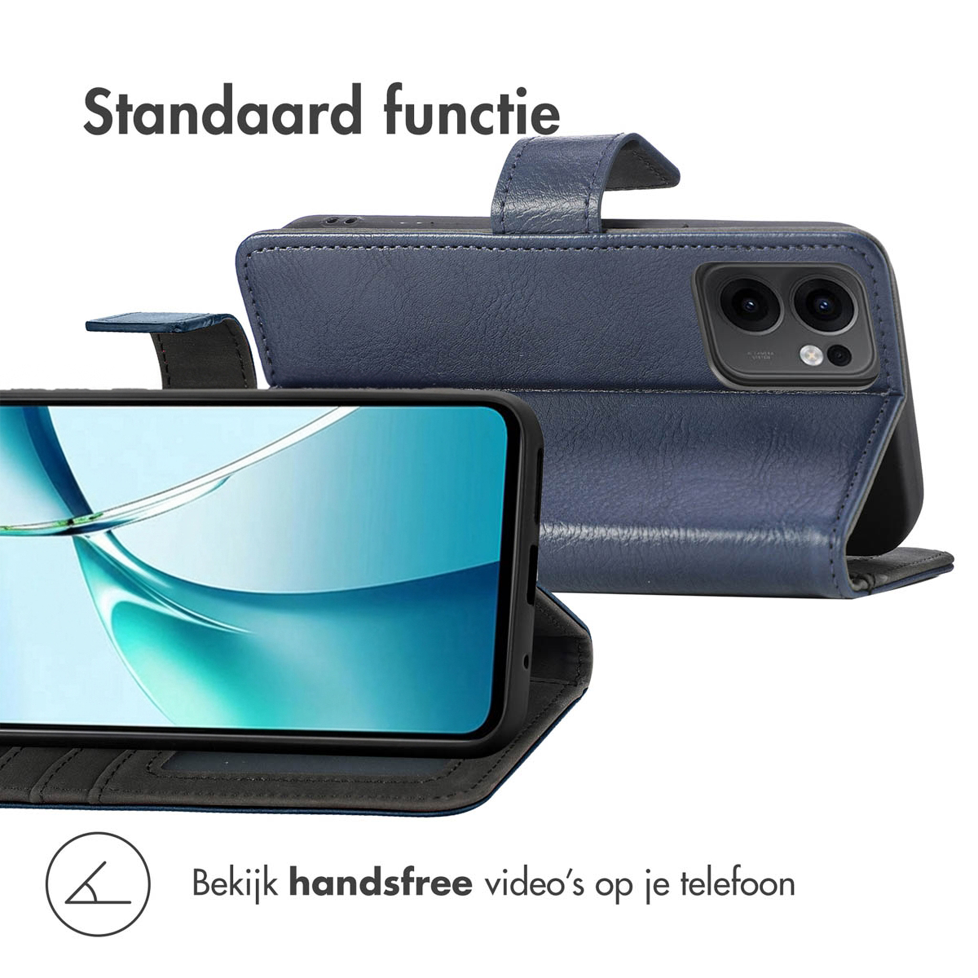 Blauw telefoonhoesje met standaardfunctie en cameralampje.