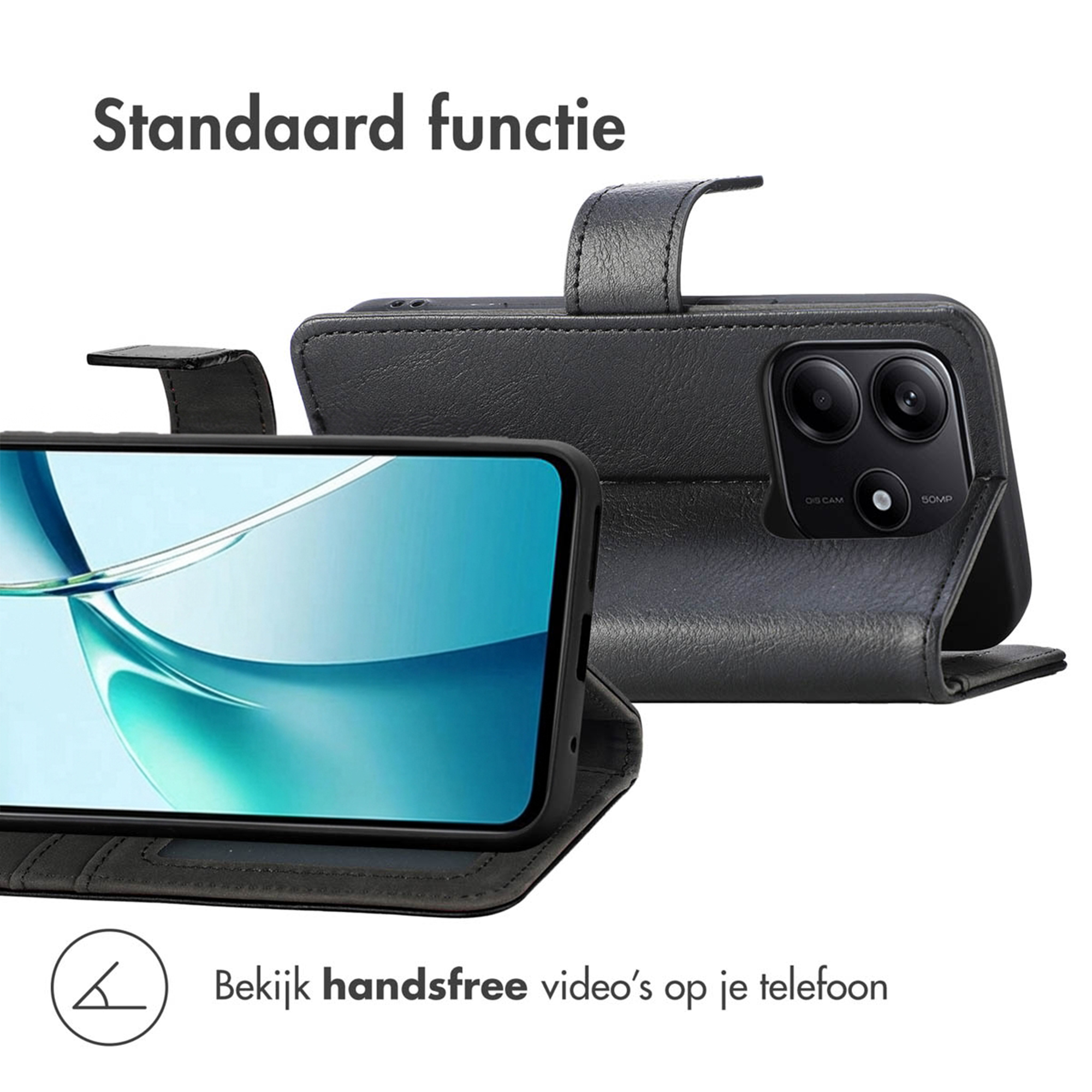 Zwart lederen telefoon flipcase met camerablok en blauw scherm.