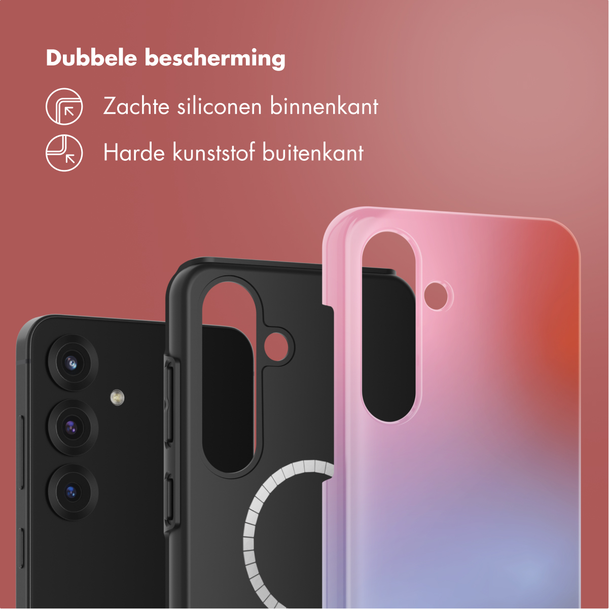 Drie telefoonhoesjes: zwart, zwart met magneetring, roze-paarse gradiënt.