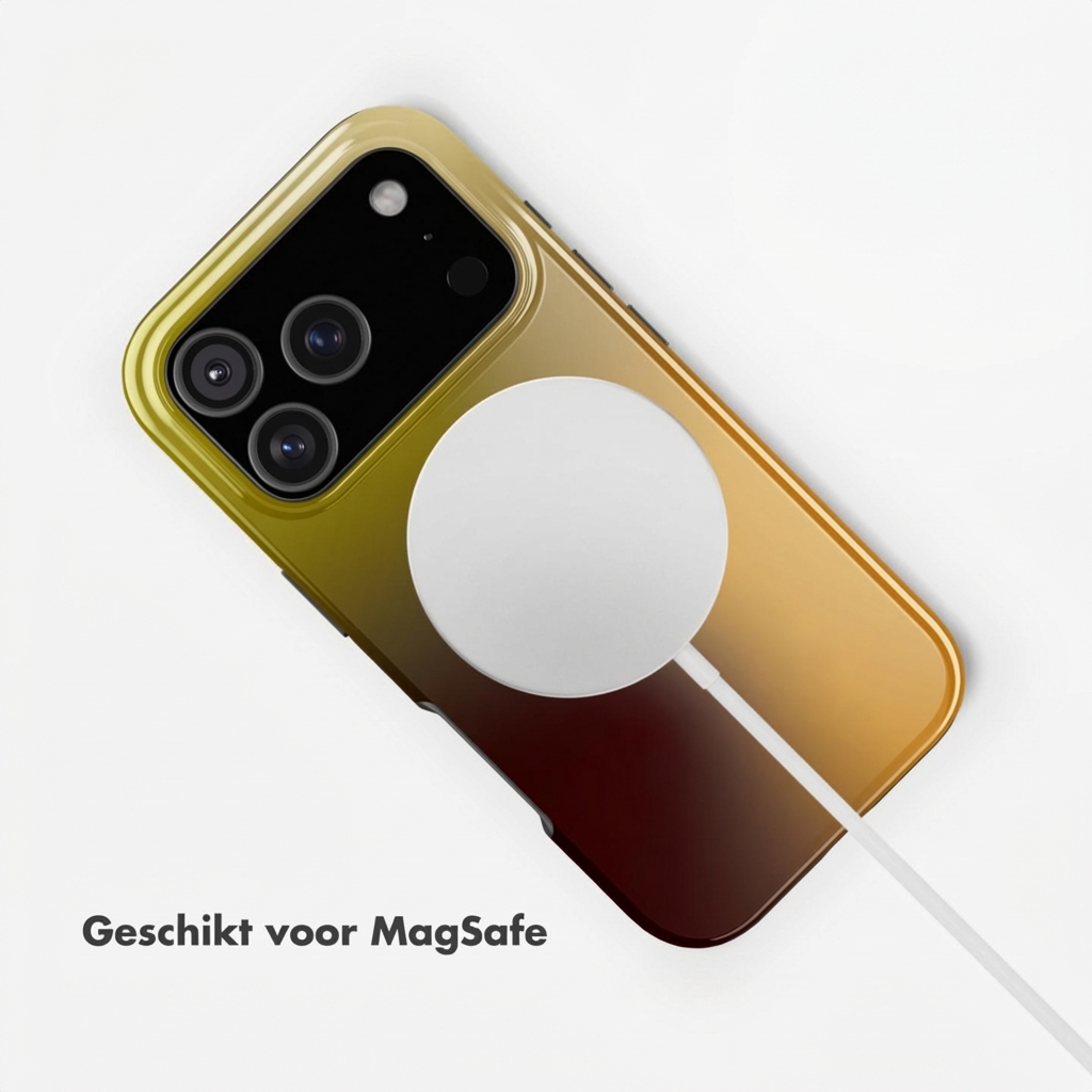 Een iPhone met MagSafe-oplader, verlopend van geel naar bruin.