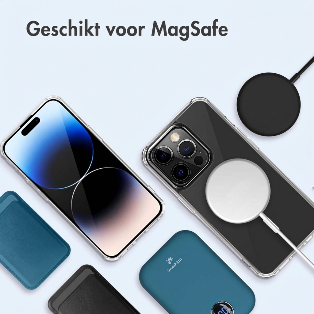 Deux iPhones avec chargeurs MagSafe et accessoires, dont une banque d'alimentation.