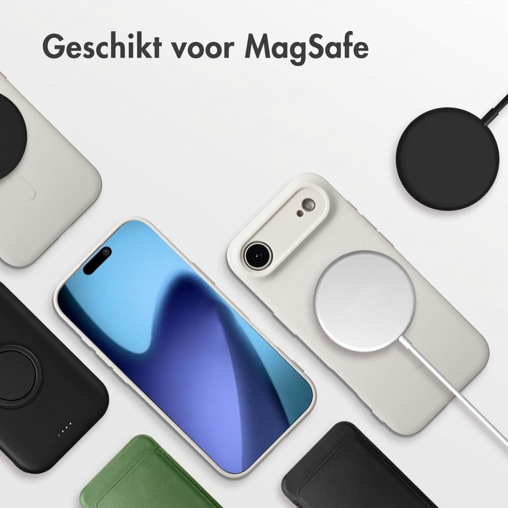 Divers iPhones et chargeurs MagSafe sur fond blanc.
