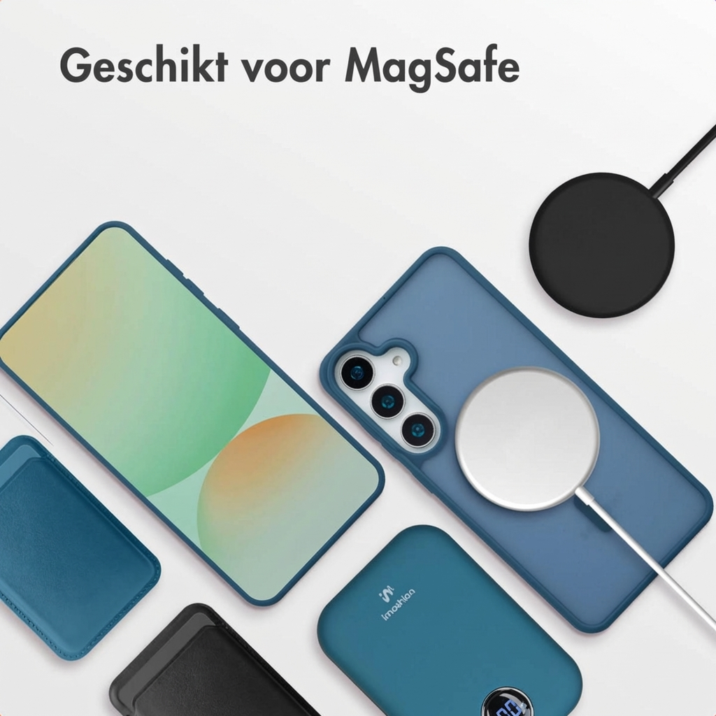 Blauw telefoonhoesje met MagSafe-oplader, powerbank en kaarthouder.