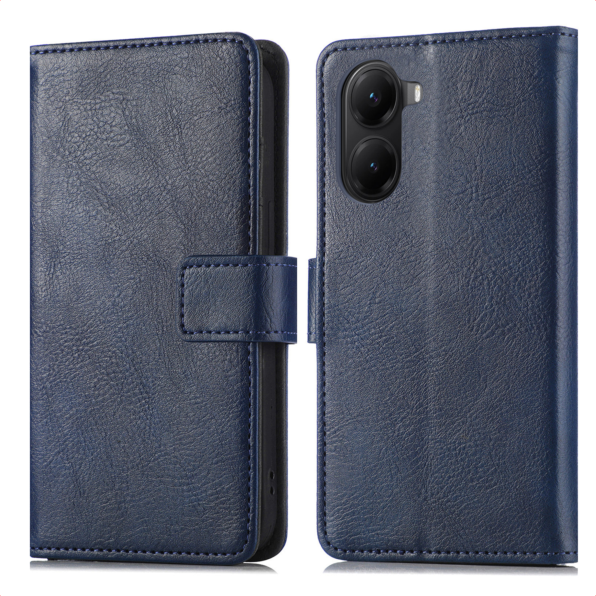 Donkerblauw leren flip telefoonhoesje met dubbele cameralens aan de achterkant.