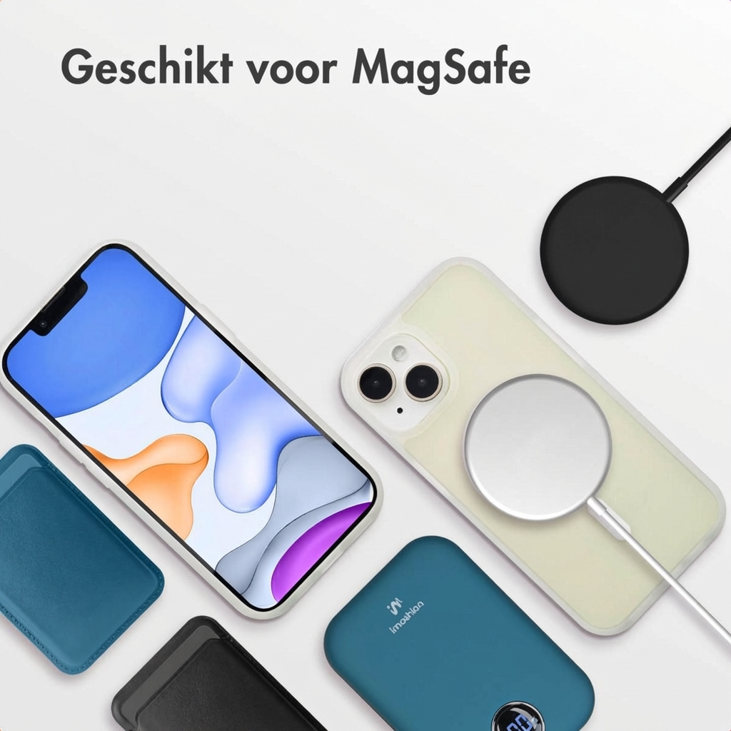 iPhone with MagSafe accessories: charger, power bank, cases, and card holder.