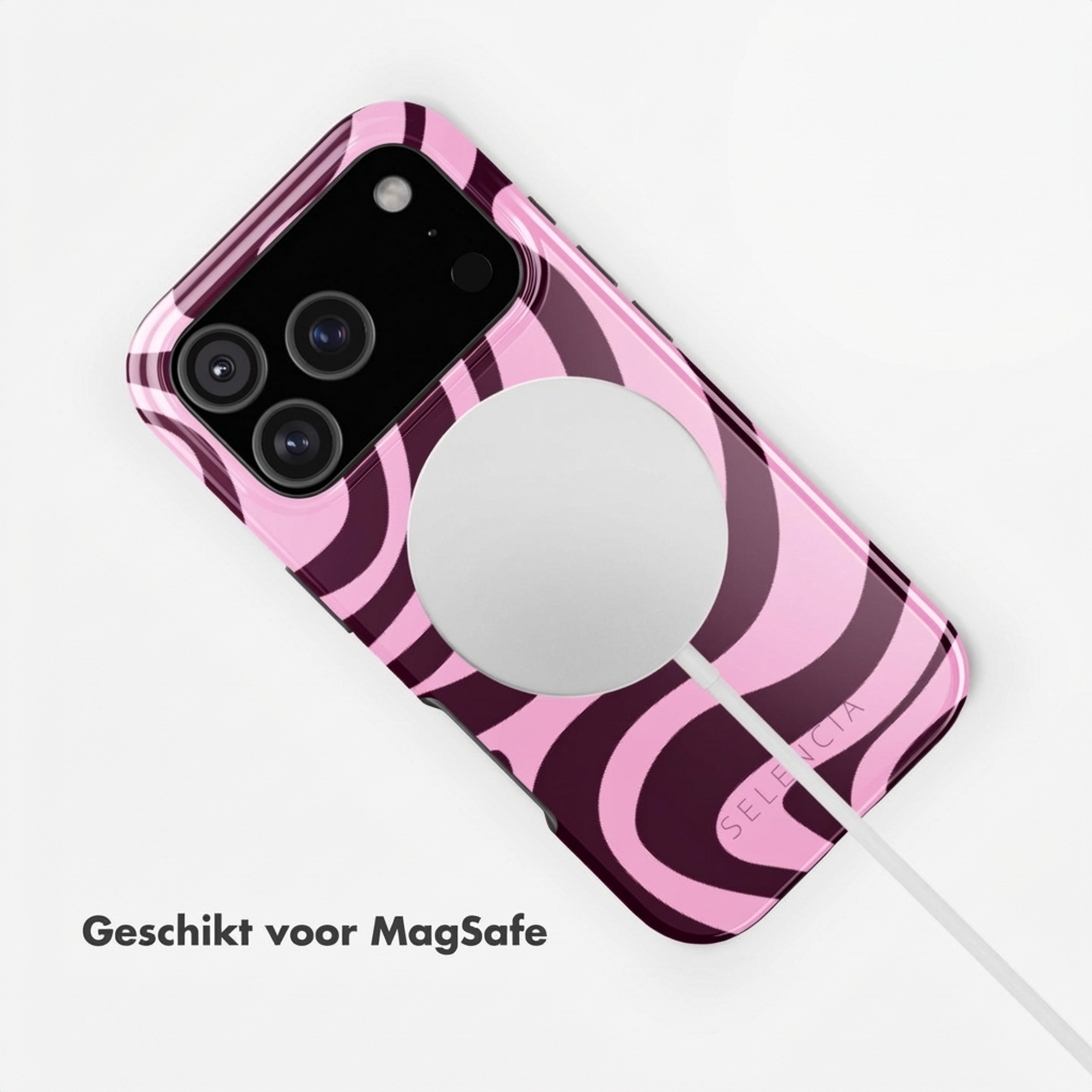 Een roze en donkerrode telefoonhoes met wervelpatroon, MagSafe-compatibel.