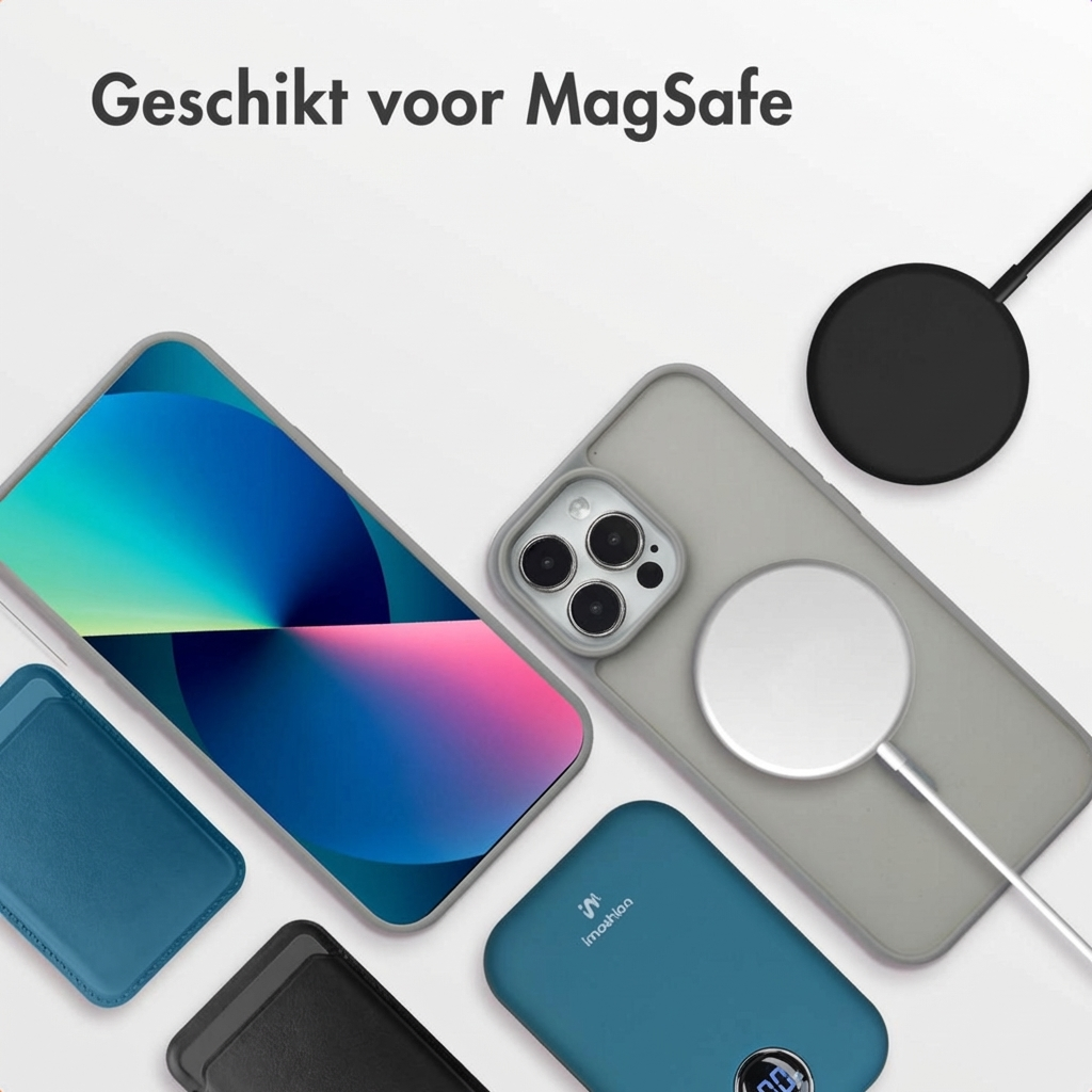 Un smartphone avec des accessoires MagSafe, y compris des coques et chargeurs.