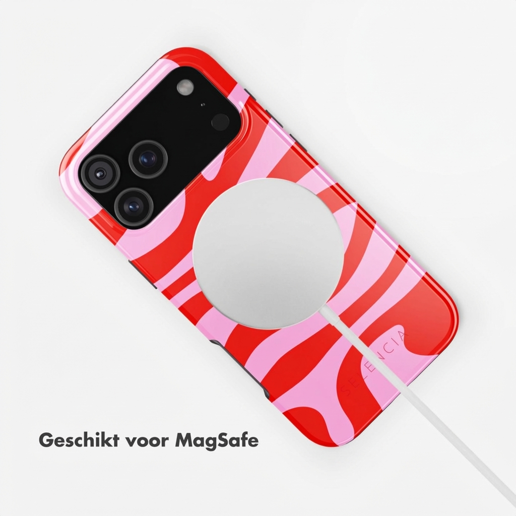 Telefoonhoesje met rood en roze golvend patroon, MagSafe lader bevestigd.