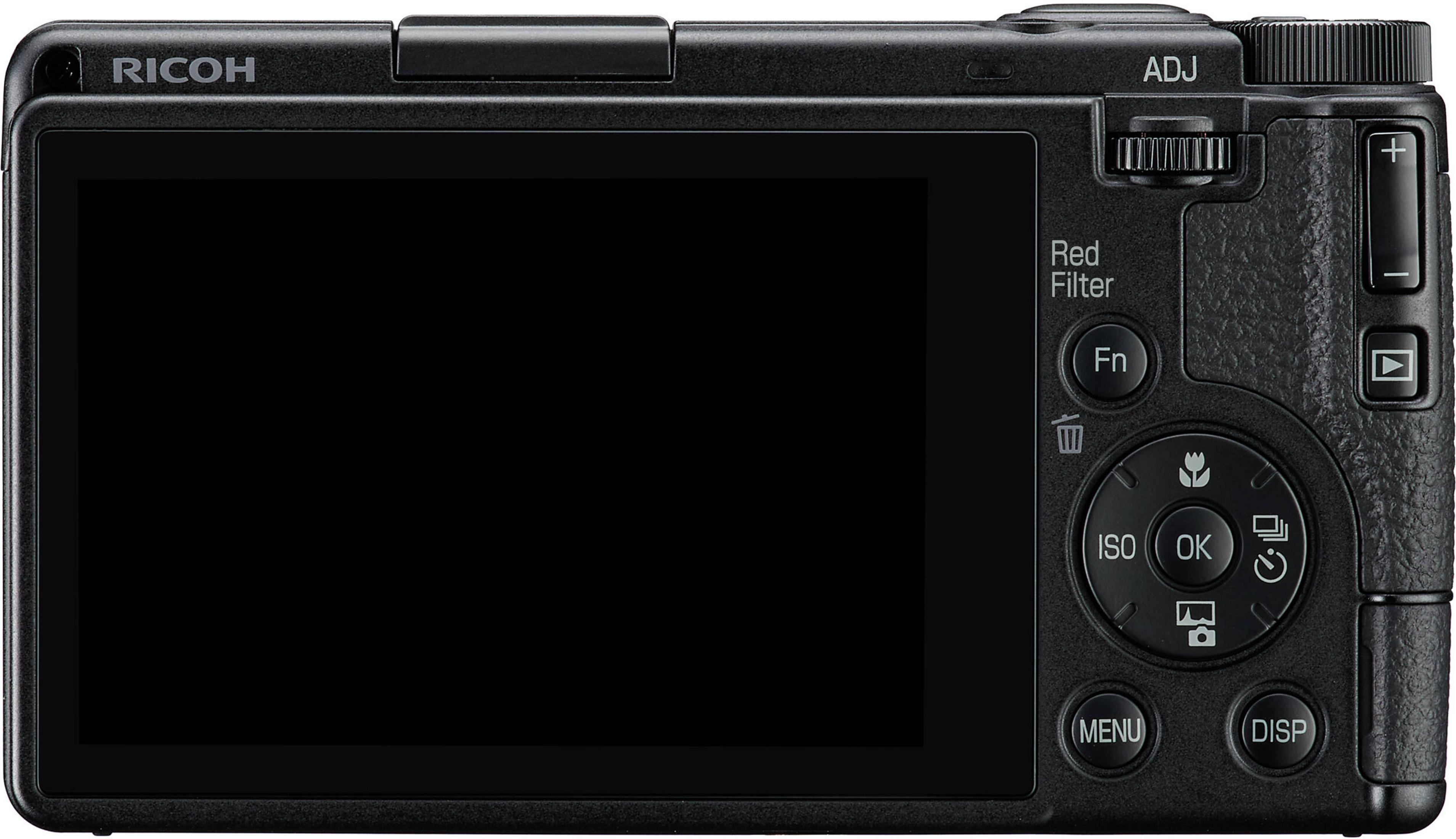 Retro di una fotocamera Ricoh nera con schermo scuro e pulsanti di controllo.