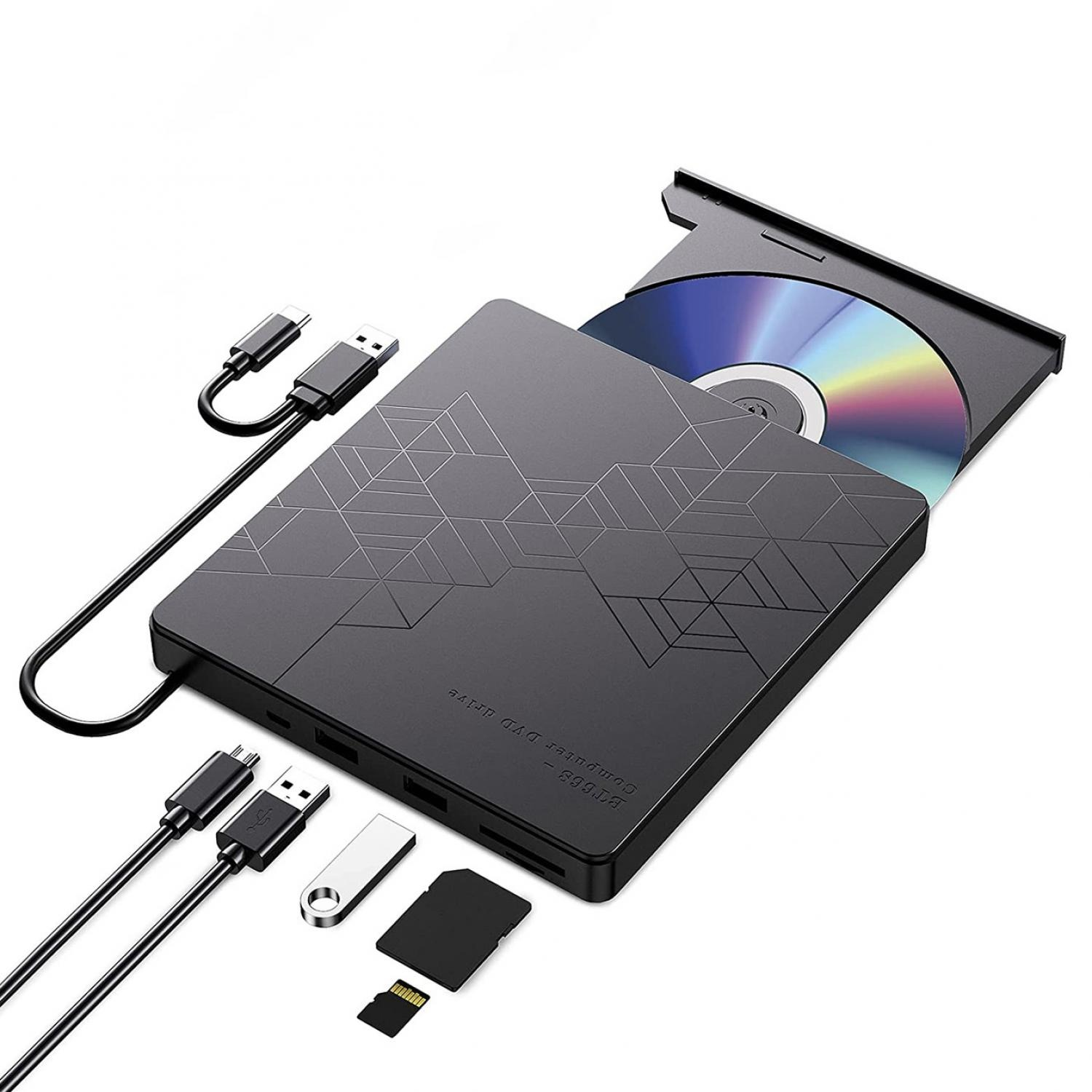 Schwarzer externer DVD-Brenner mit CD, USB-Kabeln, USB-Stick, SD-Karte.