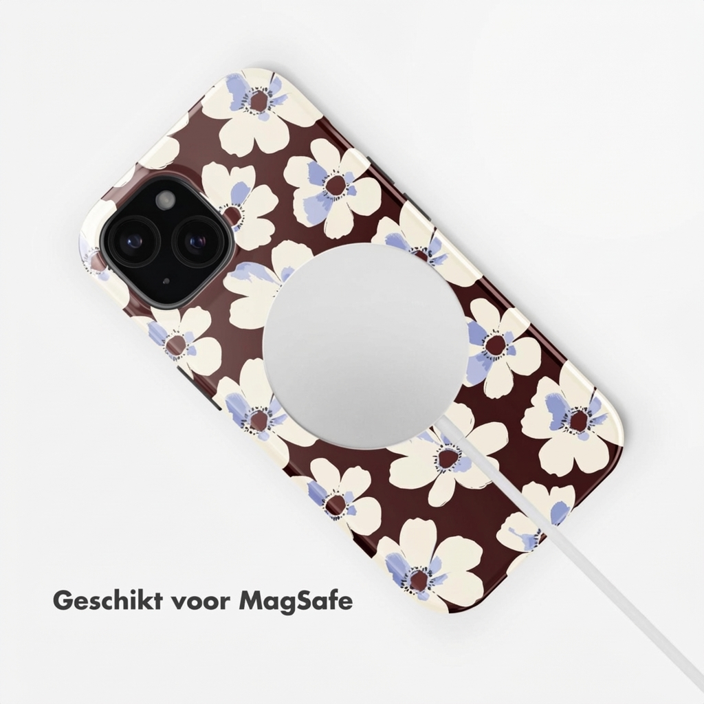Brown phone case with floral pattern, MagSafe compatible.