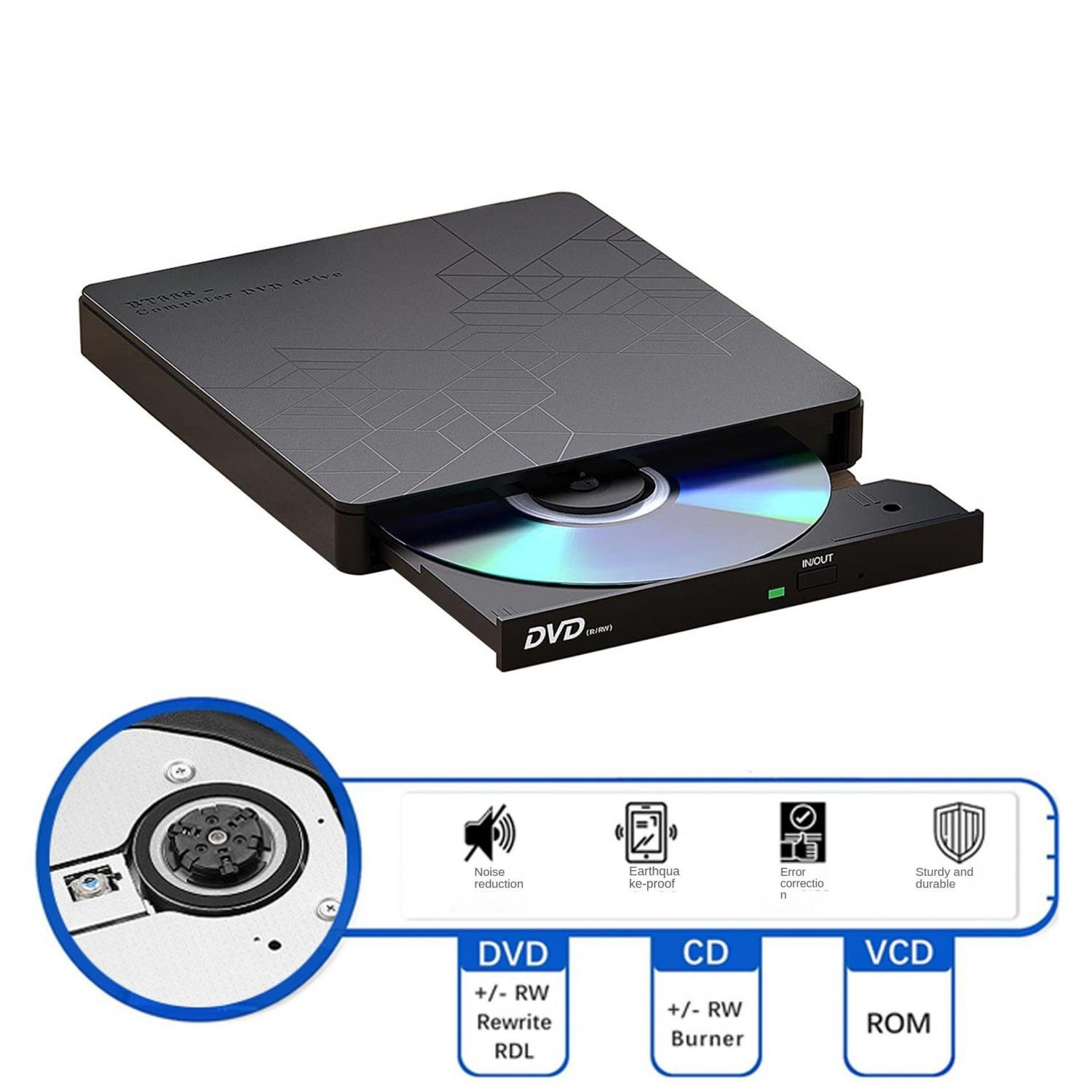 Schwarzer DVD-Brenner mit eingelegter Disc. Icons zeigen Lärmreduzierung, Erdbebensicherheit, Fehlerkorrektur.