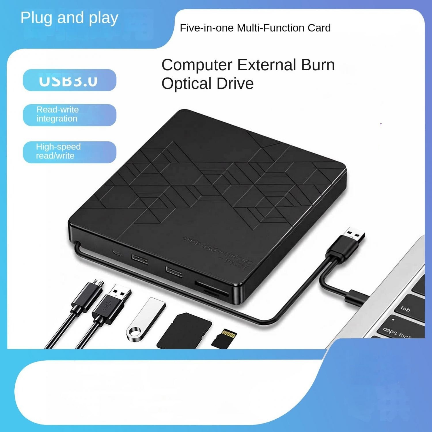 Schwarzes externes USB 3.0 optisches Laufwerk mit Kabeln und Karten.