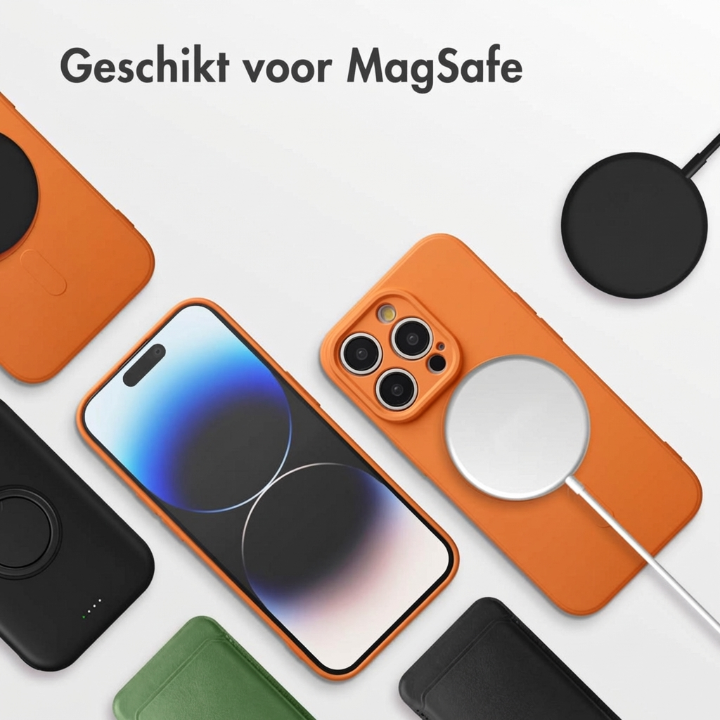 Oranje telefoonhoesjes met MagSafe-oplader en iPhone op witte achtergrond.