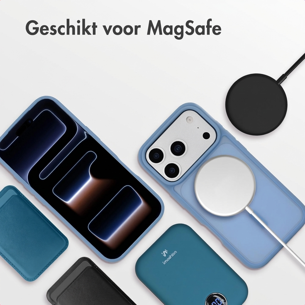 Blauw telefoonhoesje met MagSafe-oplader, powerbank en kaarthouders.
