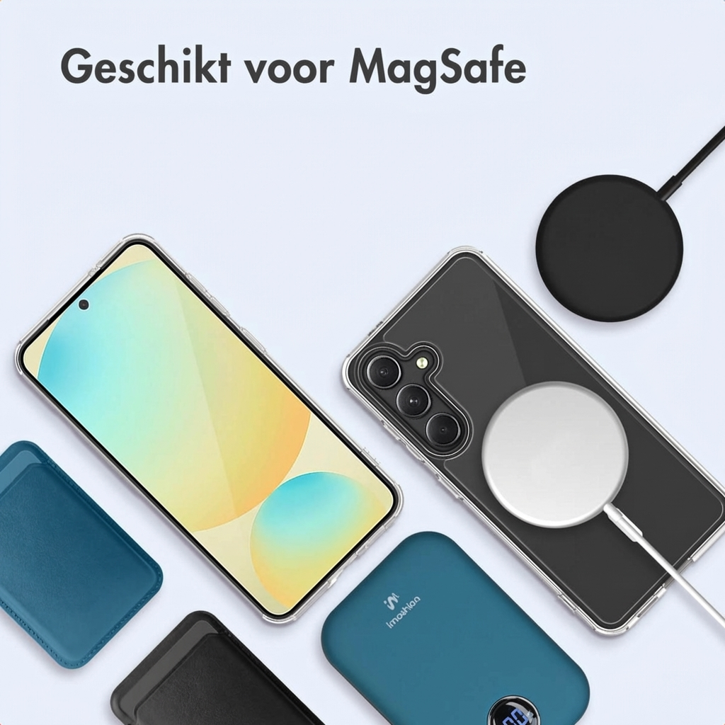 Custodia compatibile MagSafe con telefono, caricabatterie e power bank.