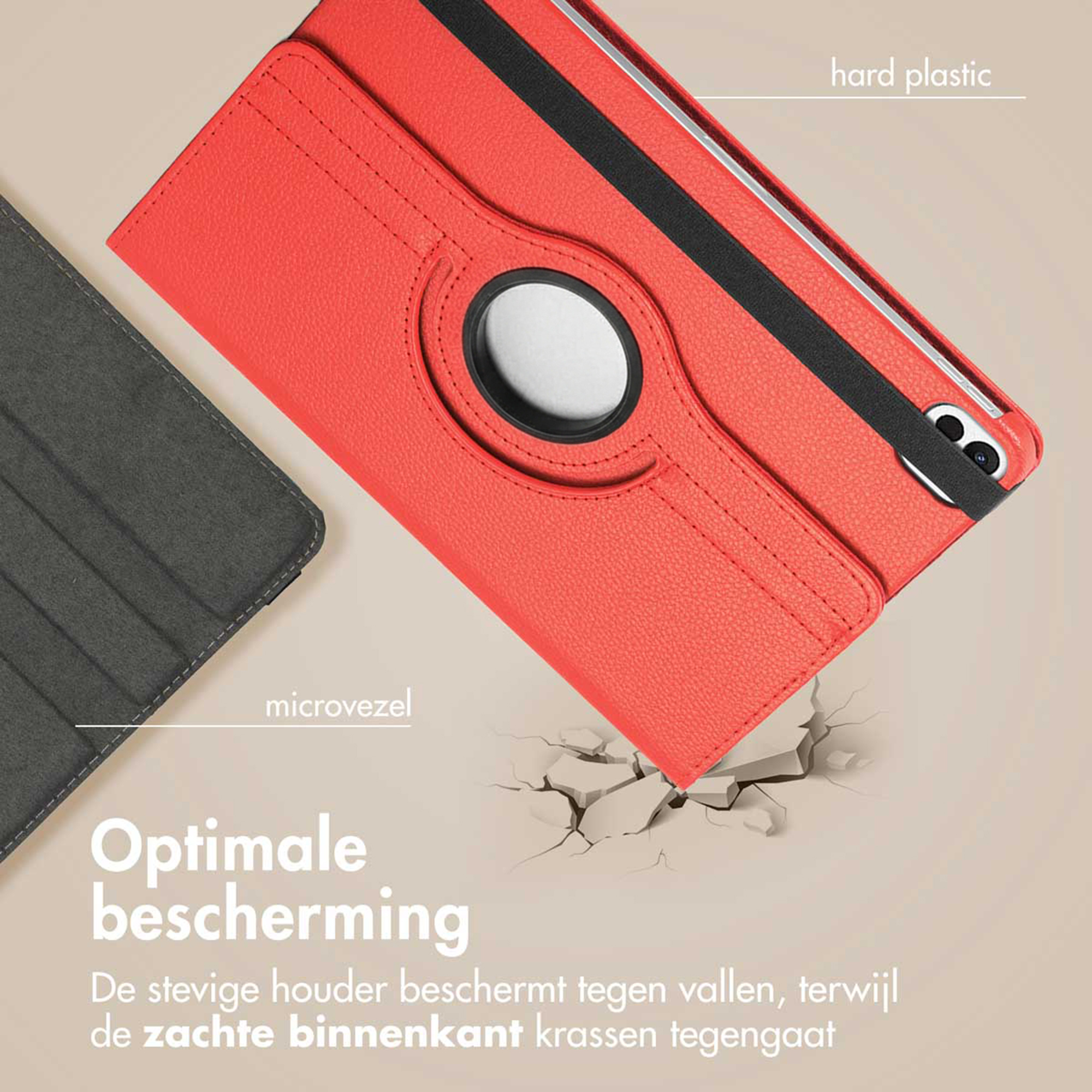 Rode en grijze tablethoes met standaard.