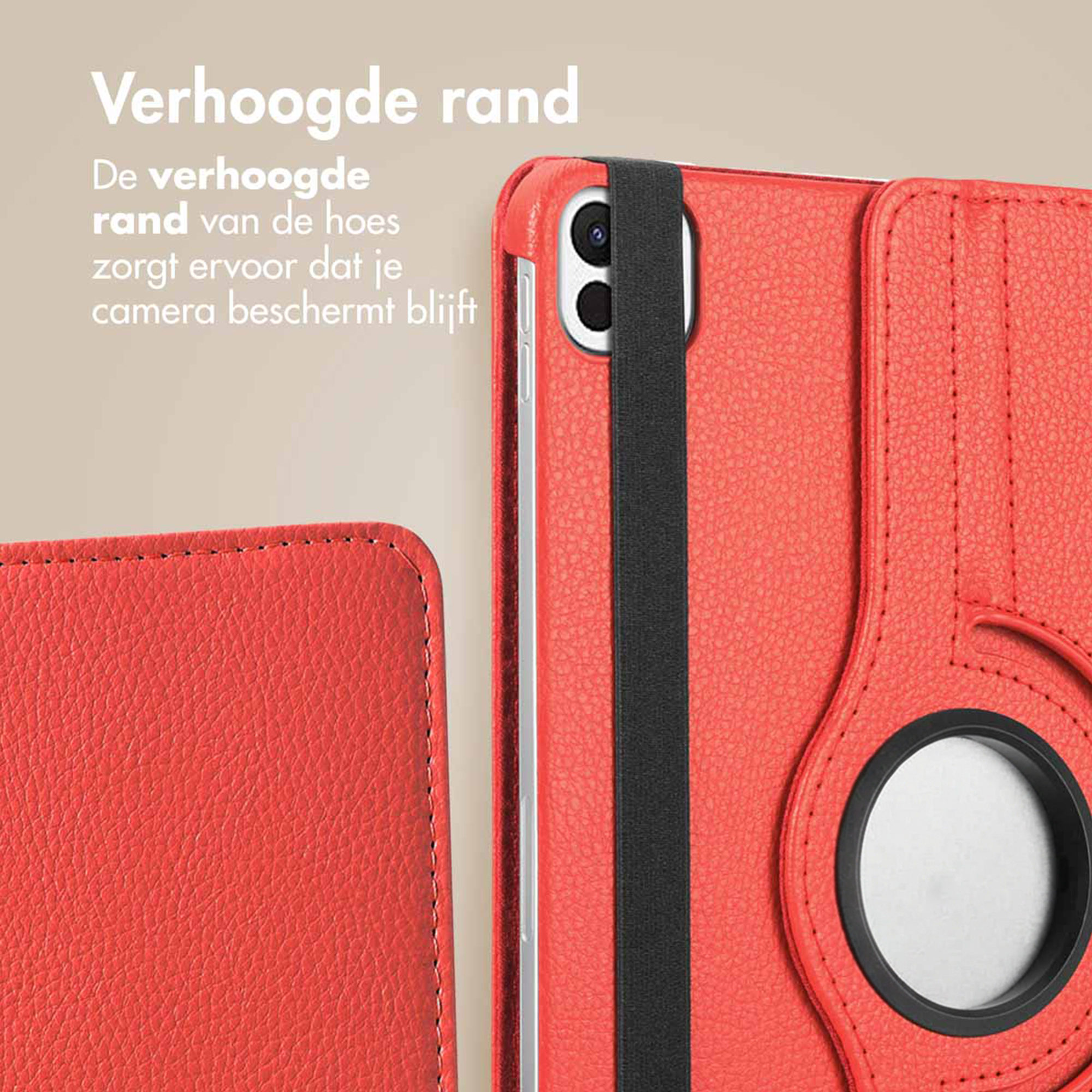 Rode tablethoes met verhoogde rand ter bescherming van de camera.