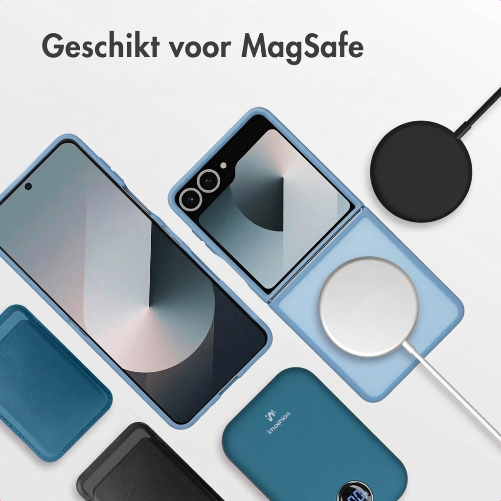 Coque de téléphone bleu clair, téléphone fermé, batterie externe, cercle de charge et câble noir.