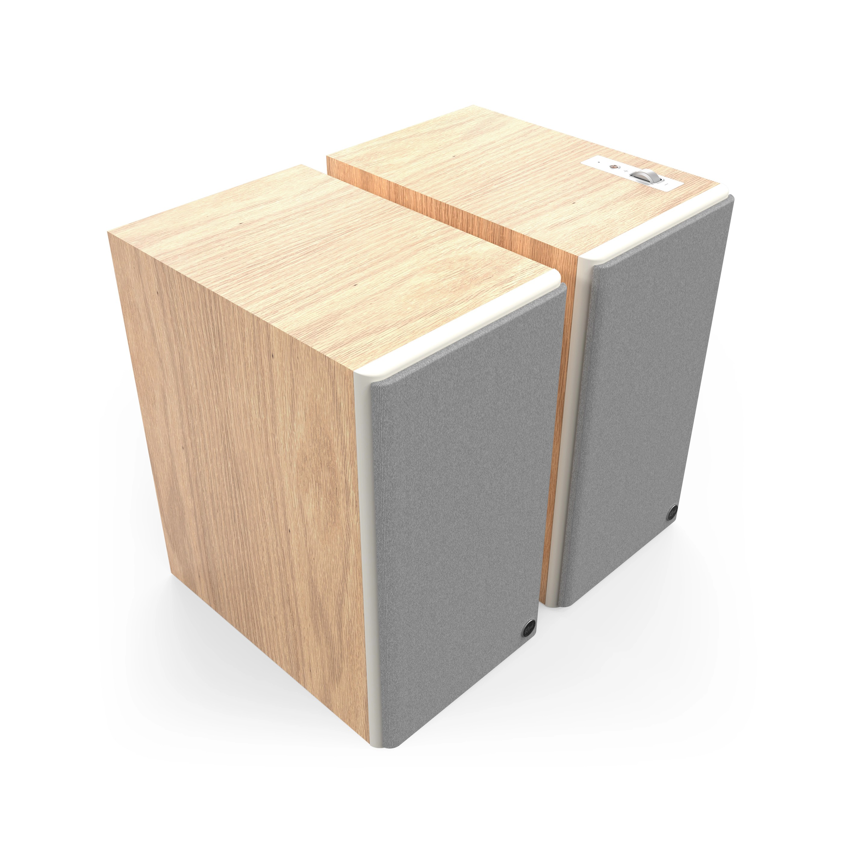 Zwei Holzbox-Lautsprecher mit grauen Stofffronten stehen nebeneinander auf weißem Grund.