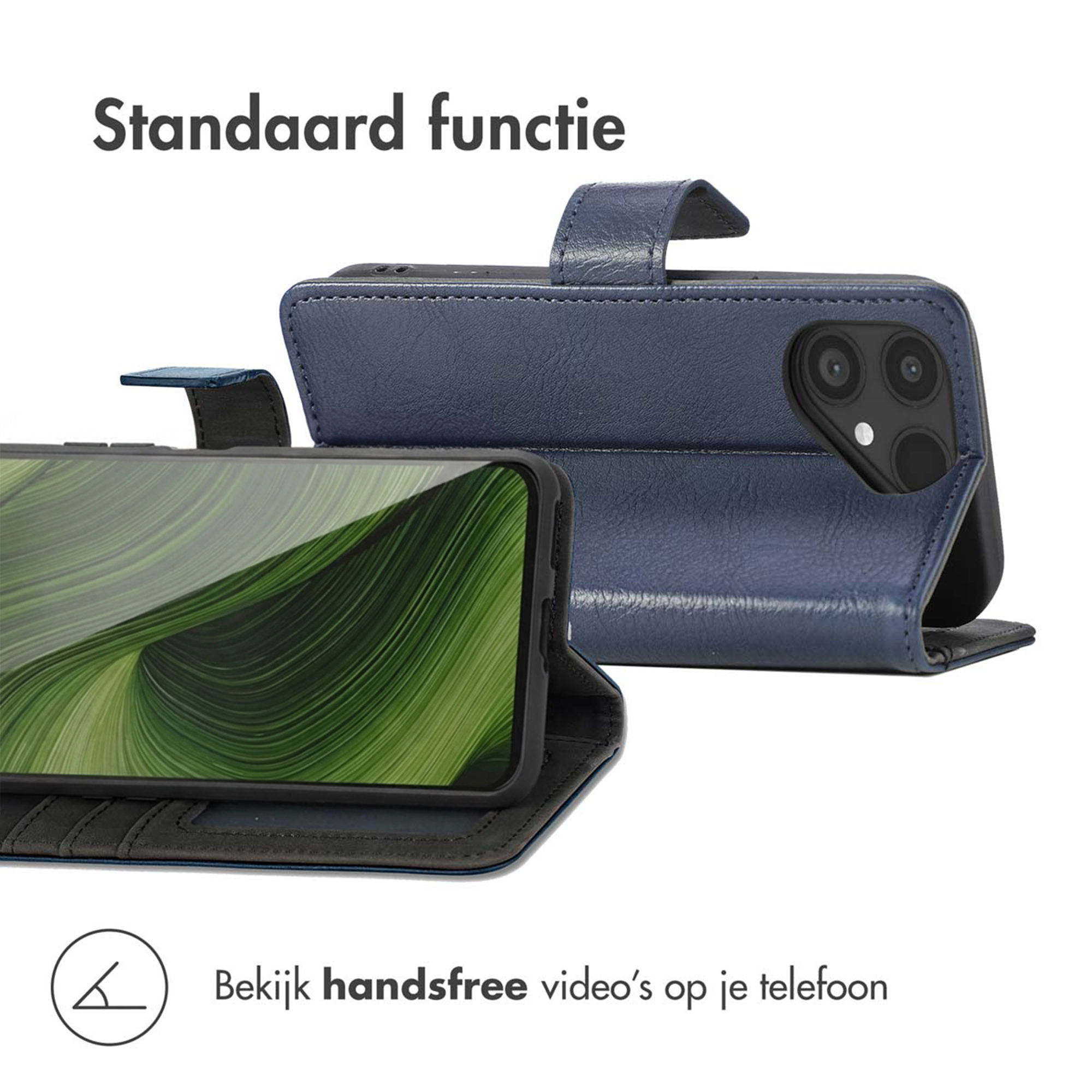Un support de téléphone en cuir bleu foncé avec un téléphone en mode paysage.
