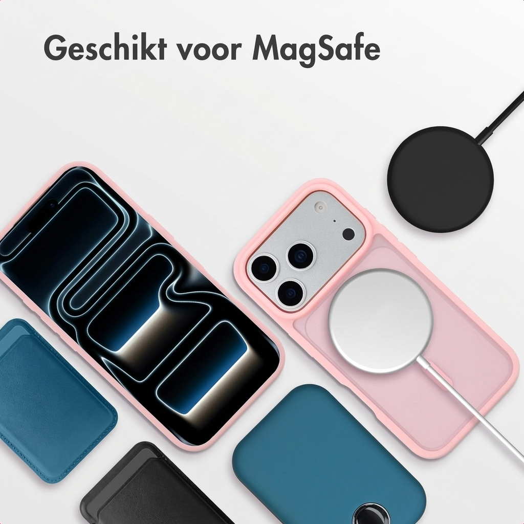 Een roze iPhone hoesje met MagSafe lader, een blauw en een zwart hoesje.