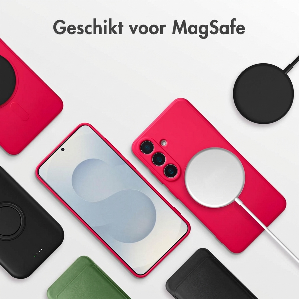 Rode en zwarte telefoonhoesjes, een smartphone, MagSafe lader op witte achtergrond.