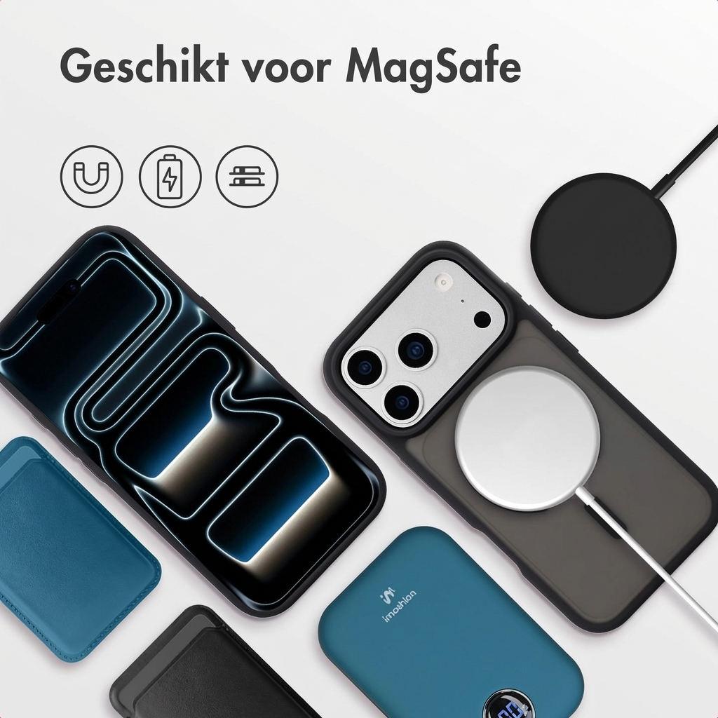 Twee iPhones met MagSafe accessoires: lader, hoesje en powerbank.