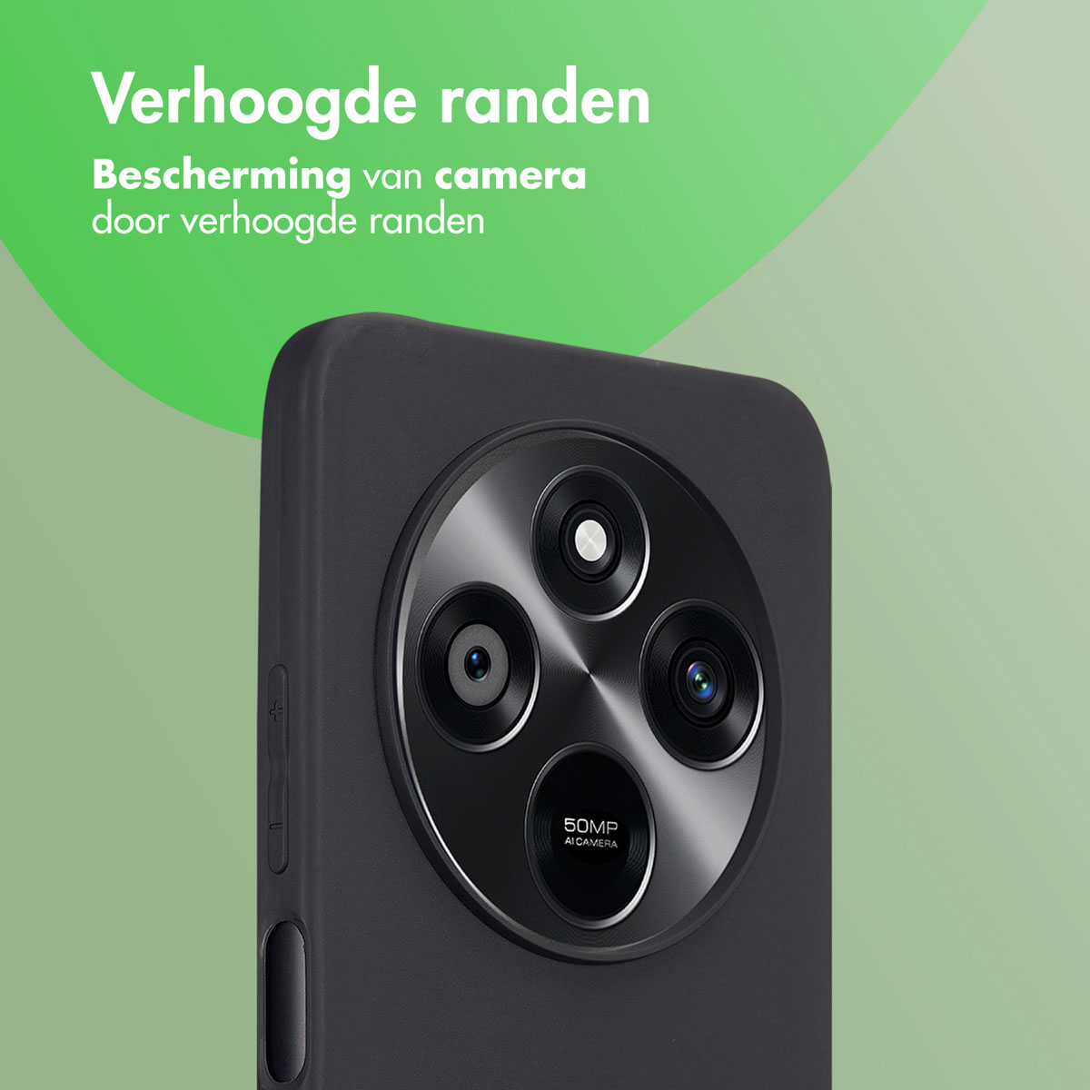 Close-up van de achterkant van een zwarte smartphone met een quad-camera en 50MP AI-camera.