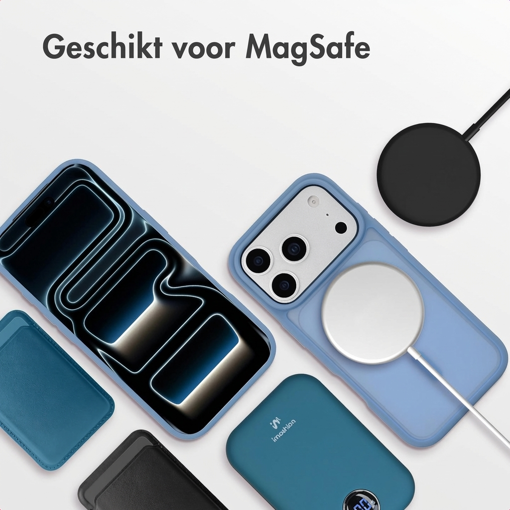 Blauwe iPhone hoes met MagSafe lader, powerbank en portemonnee. Tekst: Geschikt voor MagSafe.
