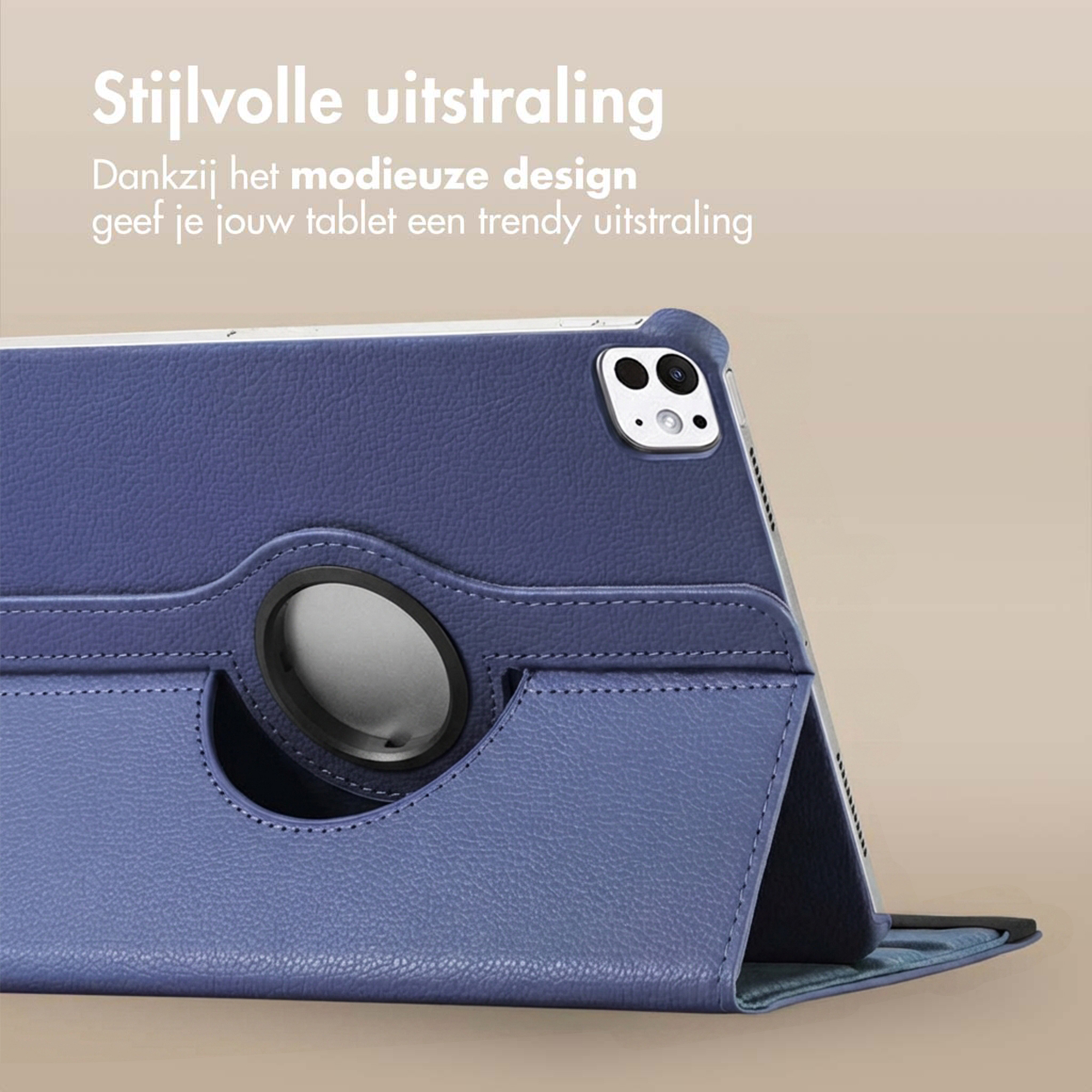 Blauwe tablethoes met camerazicht en ronde grip.