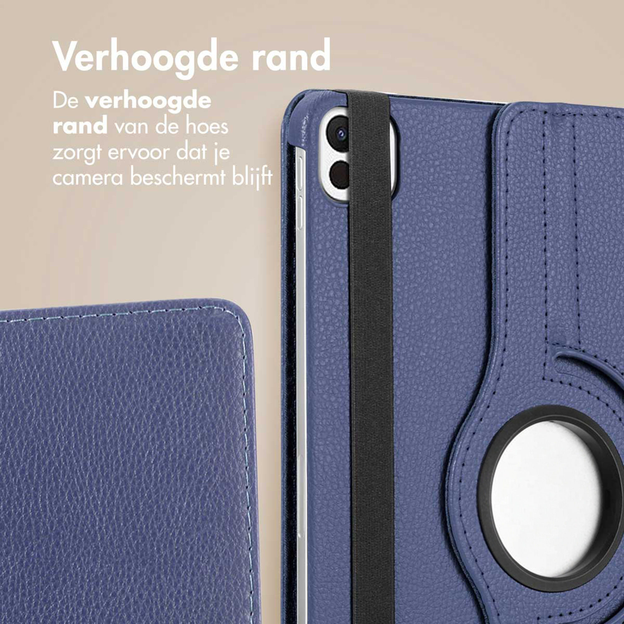 Blauw tablethoes met verhoogde rand en zwarte band.