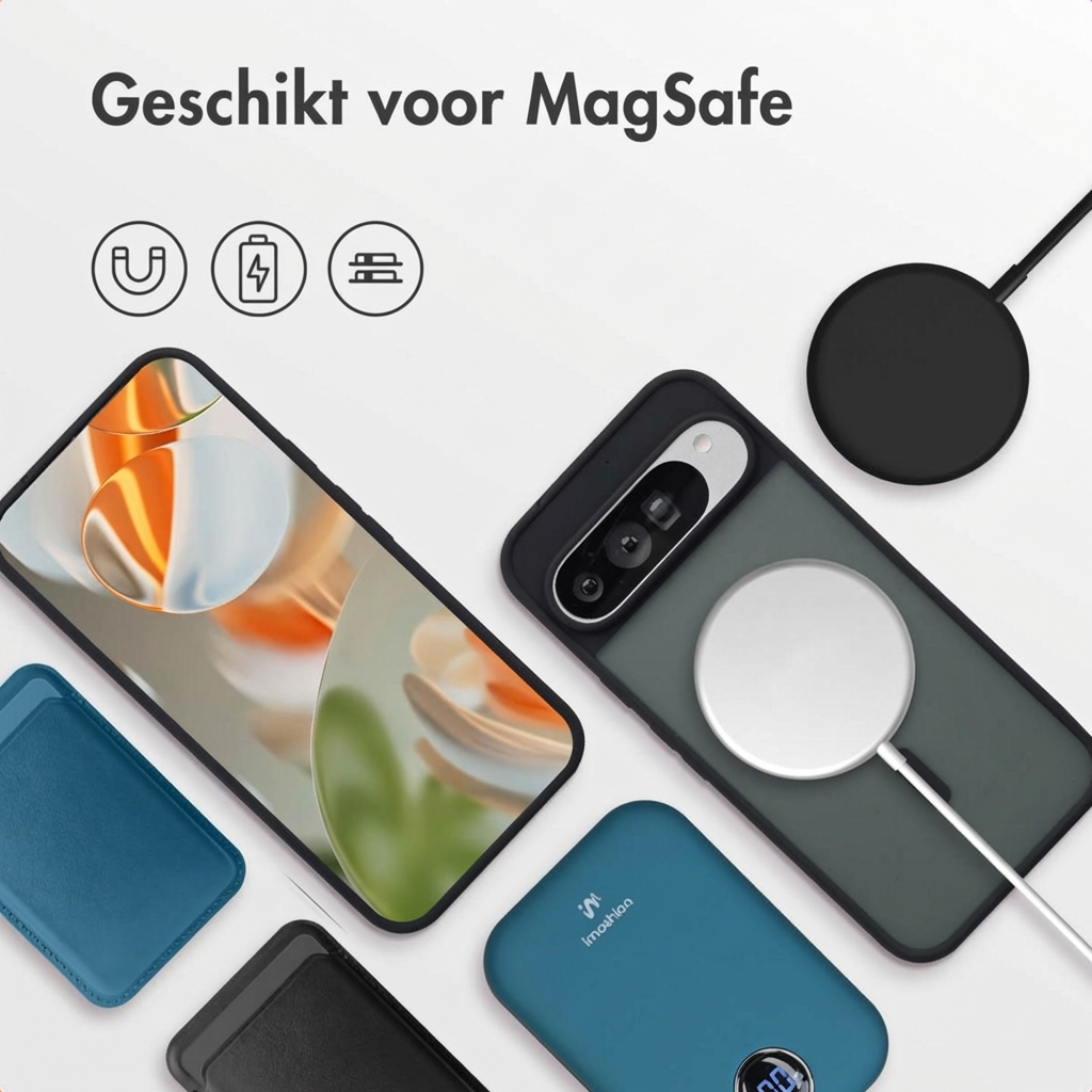 Accessoires compatibles MagSafe : coque de téléphone, chargeur et batterie externe.