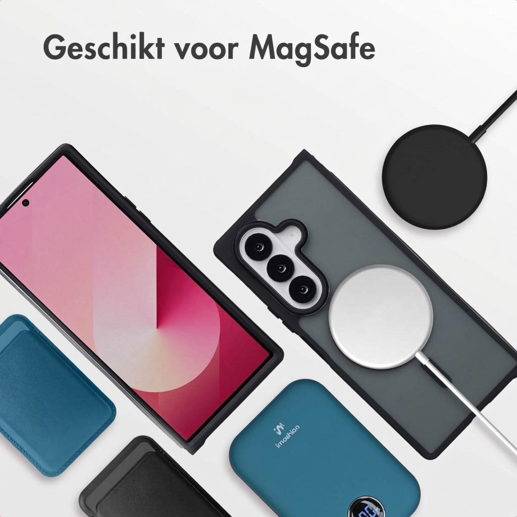 Een smartphone met MagSafe-oplader, powerbank en hoesjes.