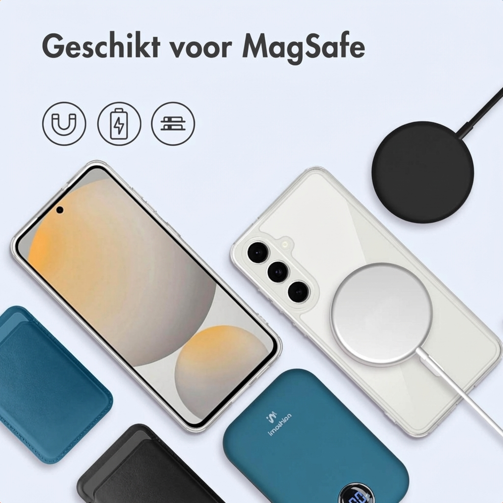 Een smartphone met MagSafe oplader, powerbank en kaarthouder.