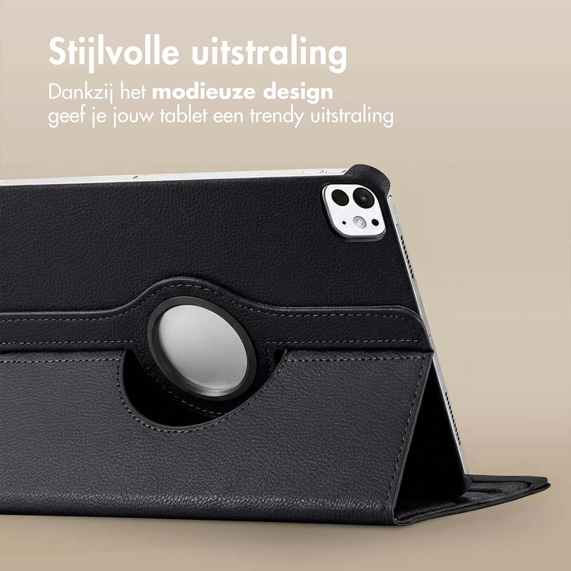Zwarte tablethoes met draaibare cirkel en camera-uitsparing.