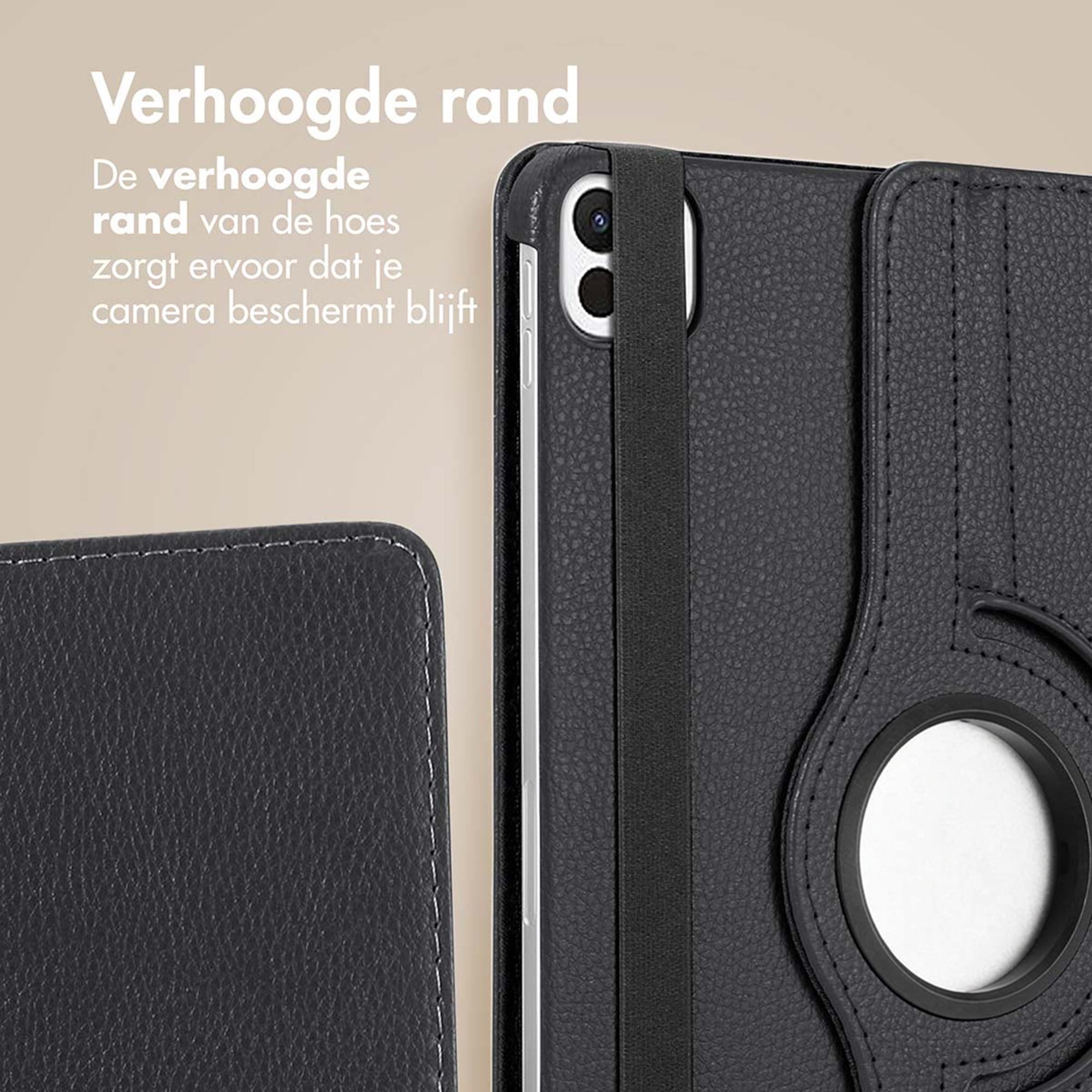 Verhoogde rand beschermt de cameralens van de telefoon.