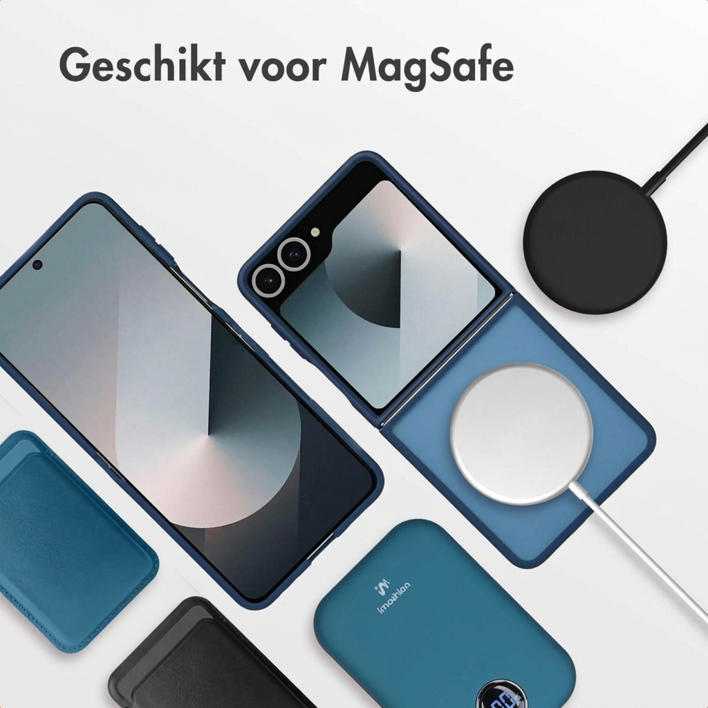 Coque de téléphone pliable bleue avec chargeur MagSafe, power bank et porte-cartes.