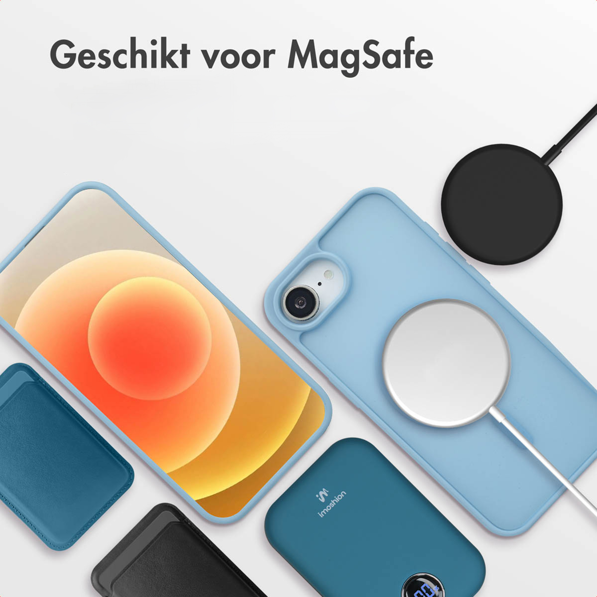 A smartphone with MagSafe charger, phone cases, and power bank.