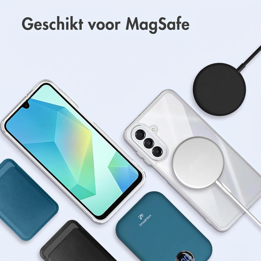 Telefoni e caricabatterie MagSafe disposti su sfondo azzurro.