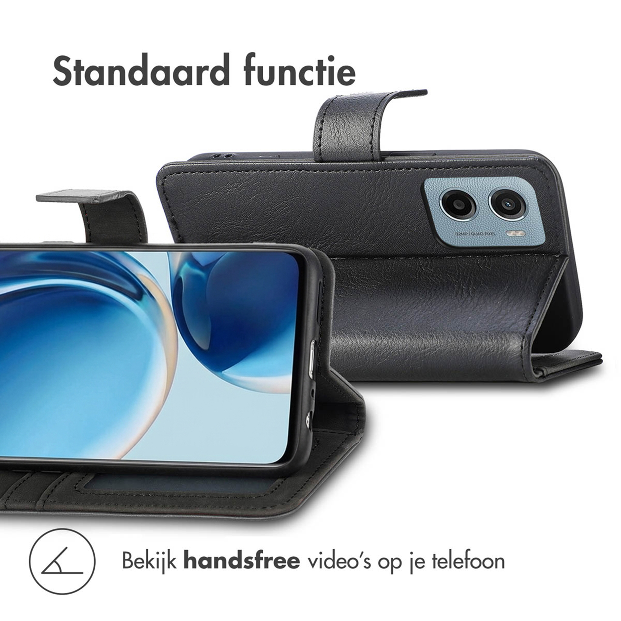 Zwart telefoon flipcase met ingebouwde standaard voor handsfree videokijken.