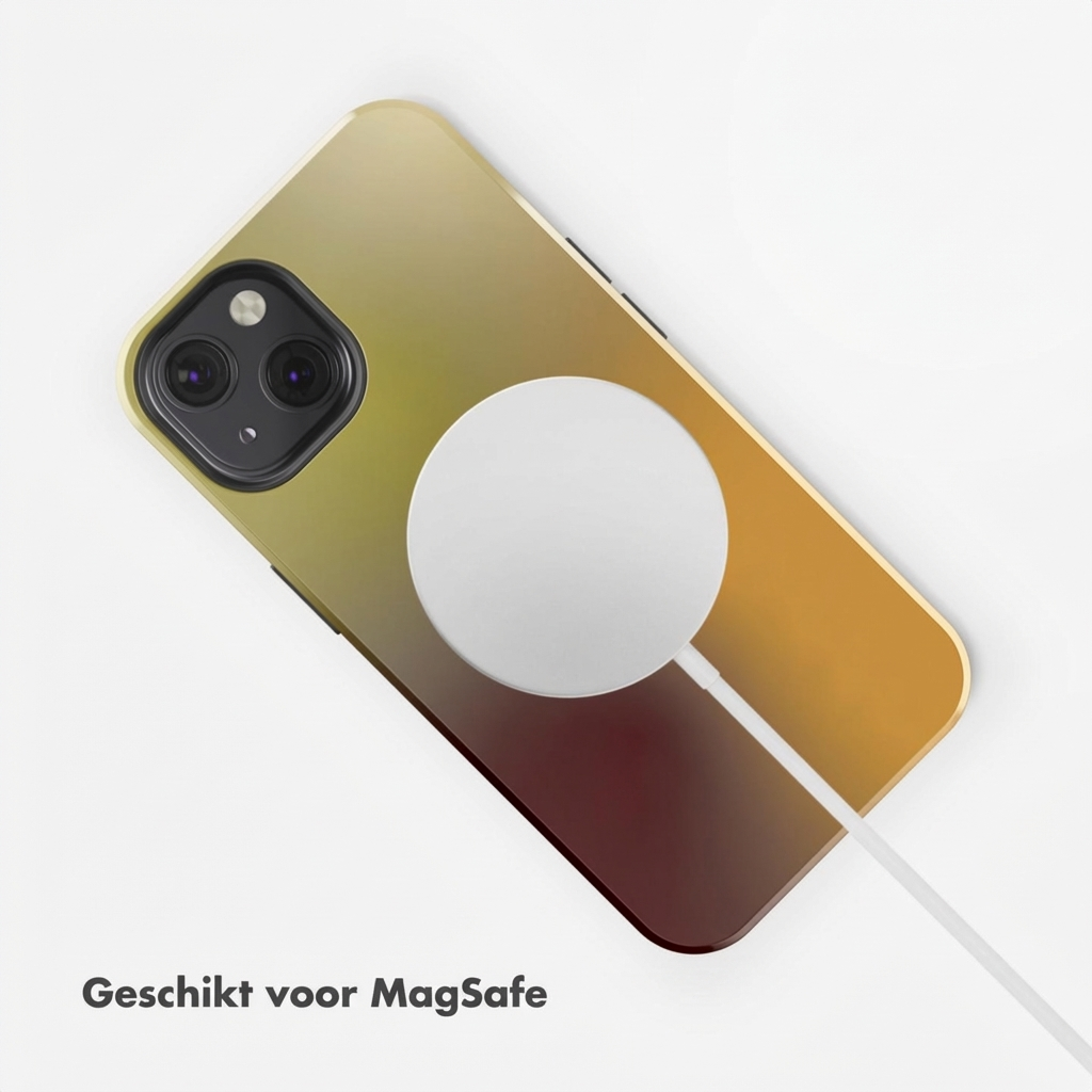 Een iPhone met MagSafe lader, met een gele naar rode kleurovergang.