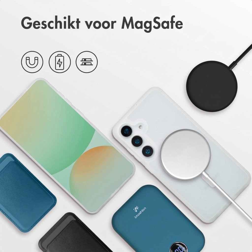 Witte telefoon met MagSafe-oplader, oplaadhoes, powerbank & kaarthouder.