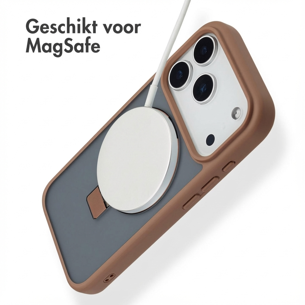 Une coque marron pour iPhone avec chargeur MagSafe et câble blanc.